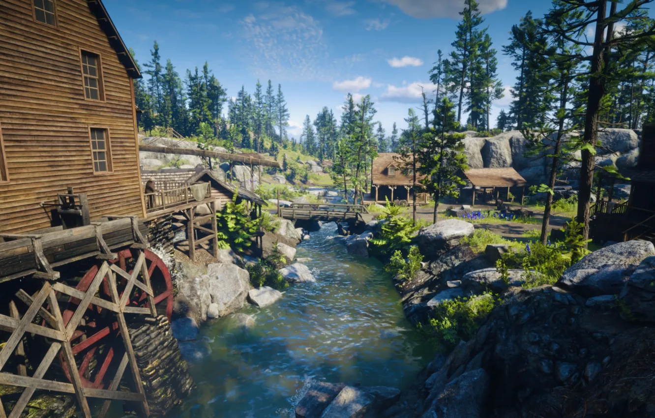 Photo wallpaper HDR, house, game, river, trees, bridge, wood, clouds