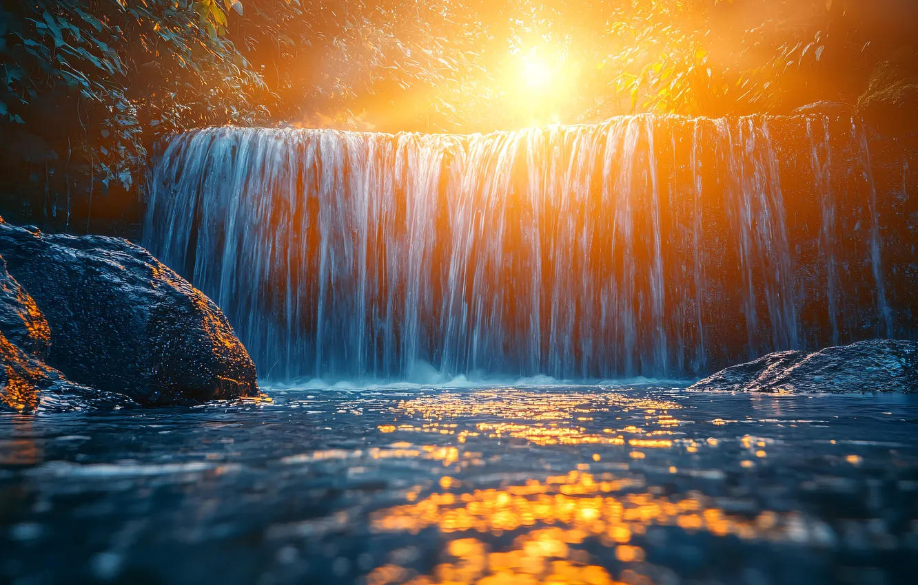 Photo wallpaper water, the sun, light, landscape, nature, glare, stones, dawn