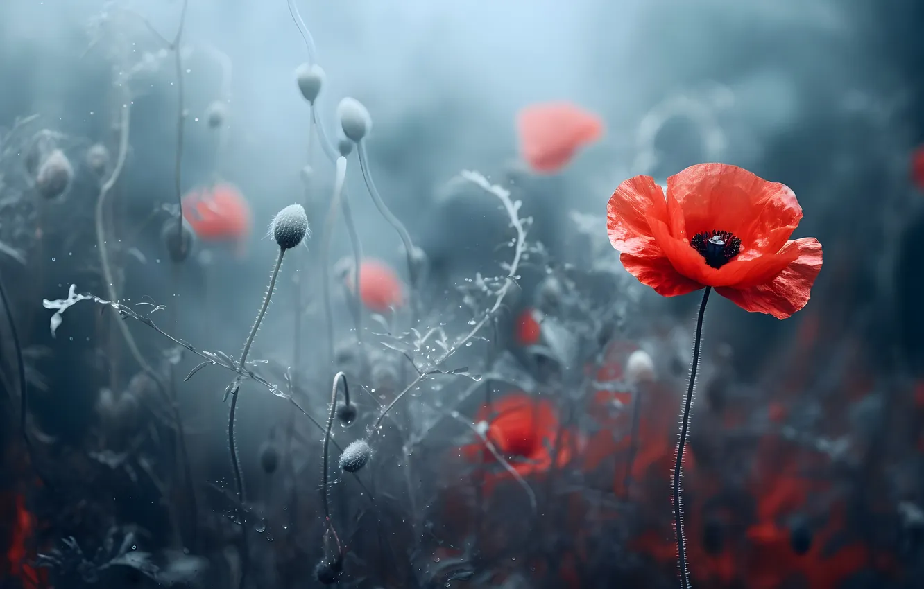 Photo wallpaper summer, flowers, red, nature, fog, Mac, Maki, morning