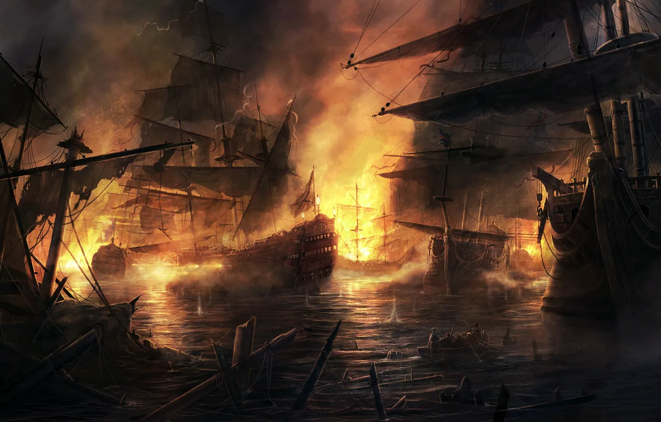 Photo wallpaper fire, ships, battle