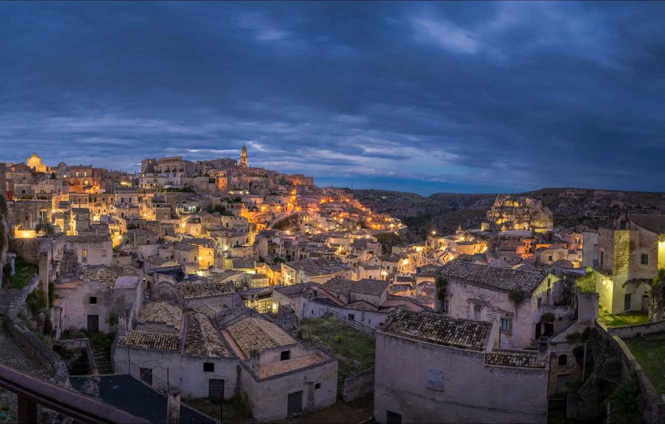 Photo wallpaper night, lights, home, Italy, panorama, mater