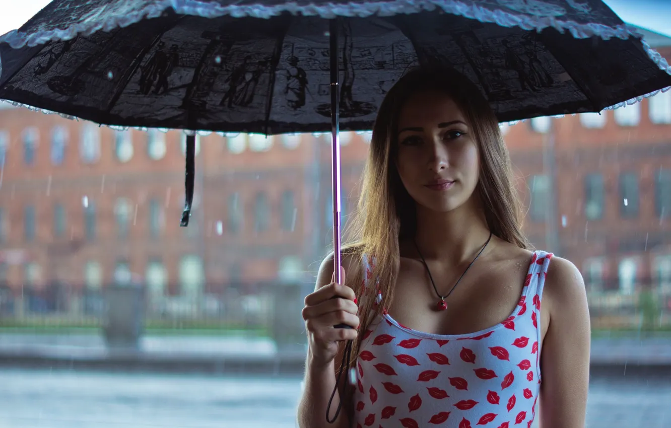 Photo wallpaper girl, Model, rain, long hair, brown hair, photo, umbrella, water