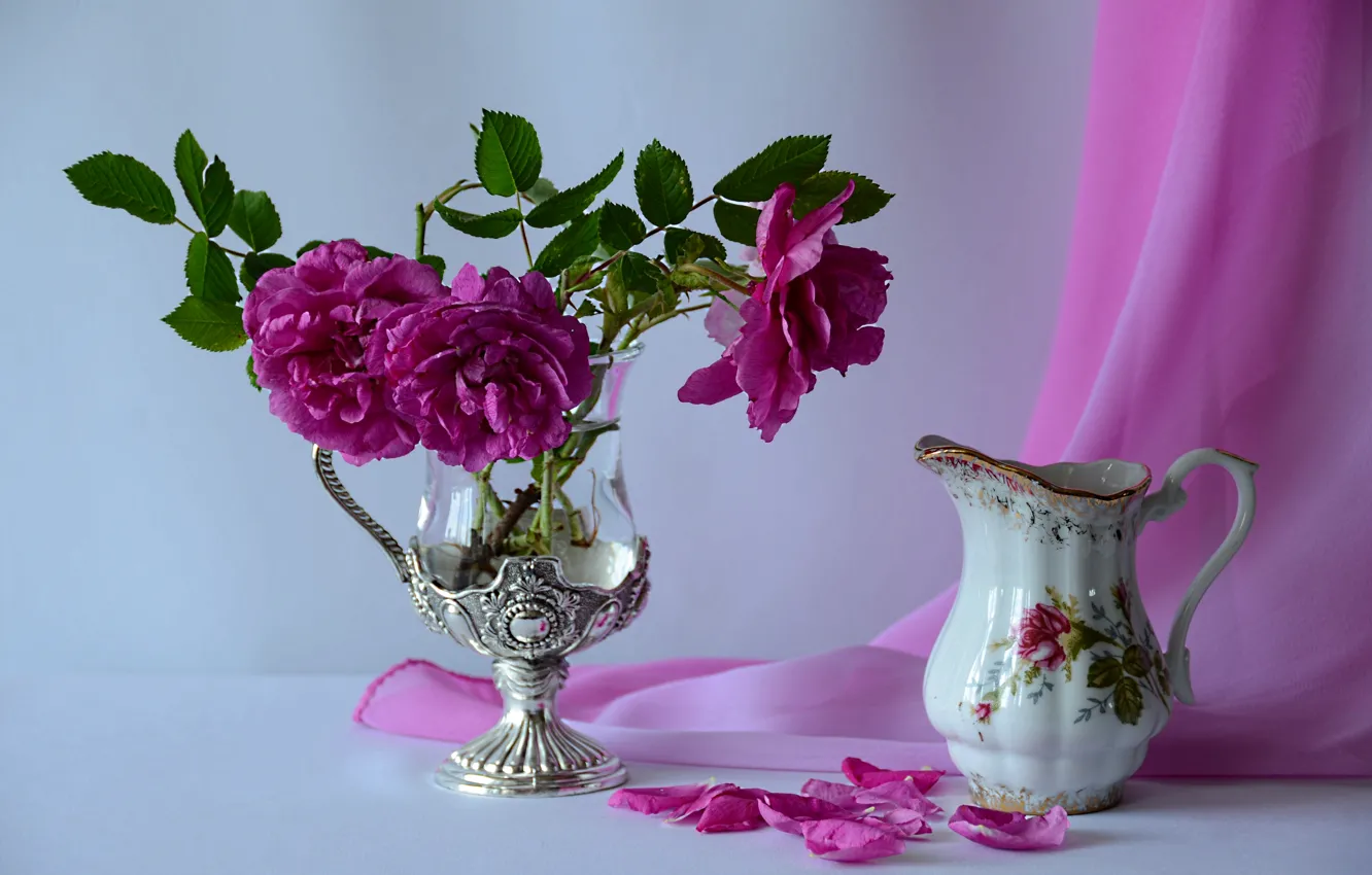 Photo wallpaper flowers, roses, petals, vase, pitcher, still life