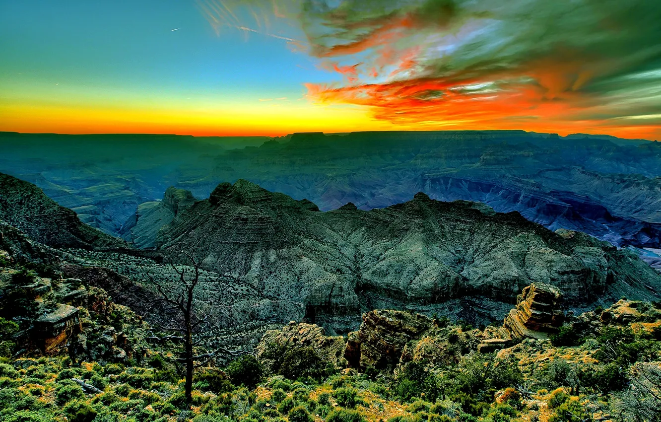 Photo wallpaper the sky, clouds, sunset, mountains, canyon, glow