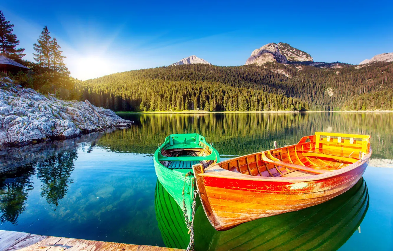 Photo wallpaper forest, landscape, mountains, lake, boat, morning