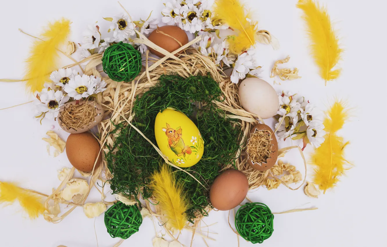 Photo wallpaper flowers, holiday, eggs, Easter, hay, chrysanthemum