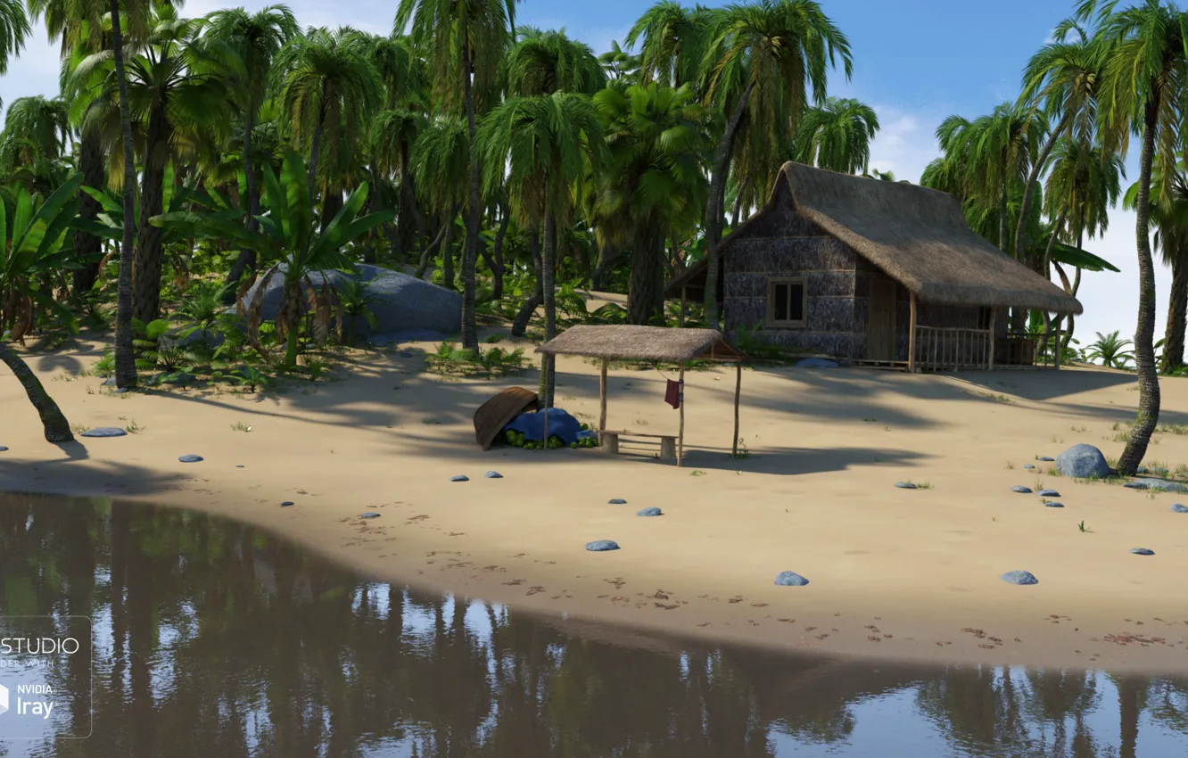Photo wallpaper water, palm trees, shore, buildings, SecludedIsland