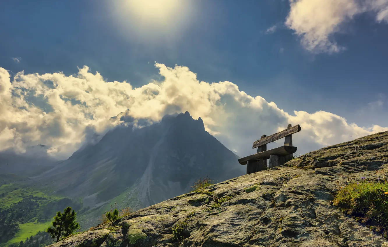 Photo wallpaper summer, the sky, mountains, bench