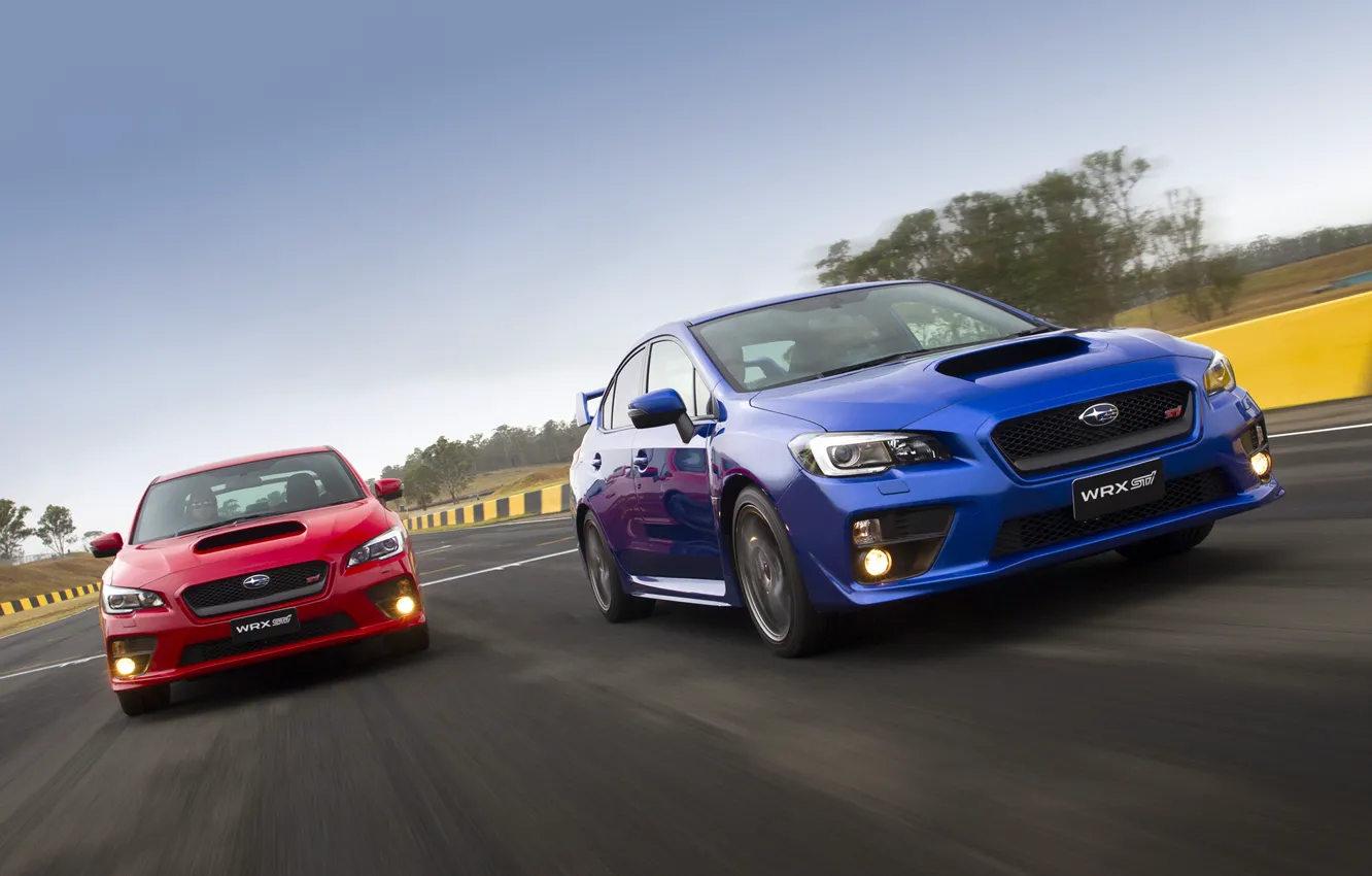 Photo wallpaper road, blue, red, movement, two, Subaru, WRX