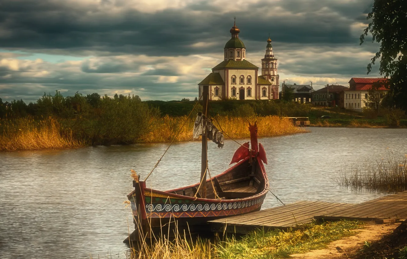 Photo wallpaper landscape, clouds, the city, river, boat, Church, bridges, Suzdal
