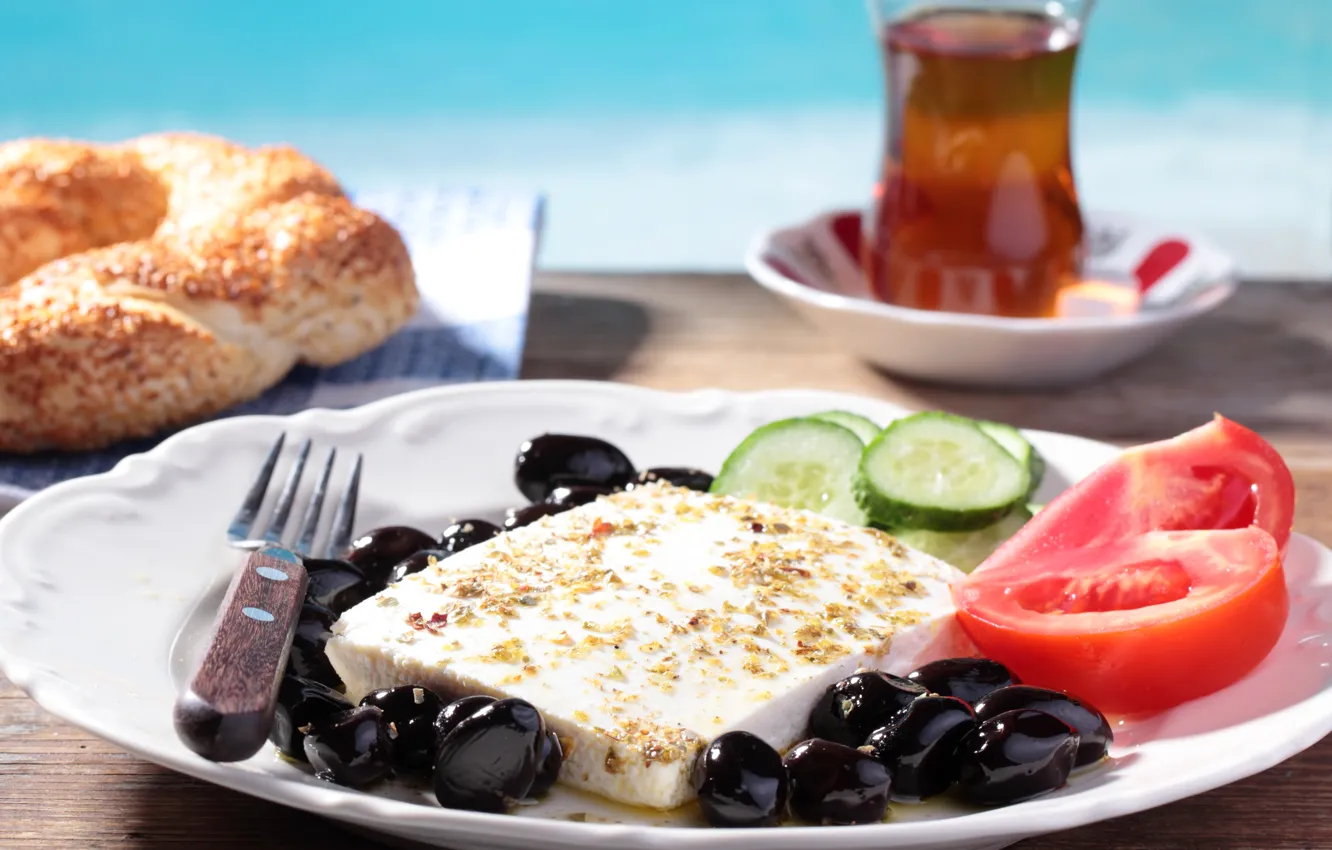 Photo wallpaper tea, cheese, tomatoes, olives, cucumbers, buns, tea, tomatoes