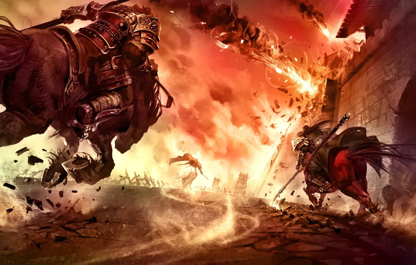 Photo wallpaper lights, horse, battle, soldiers, male, fortress, game, Total war: three kingdoms