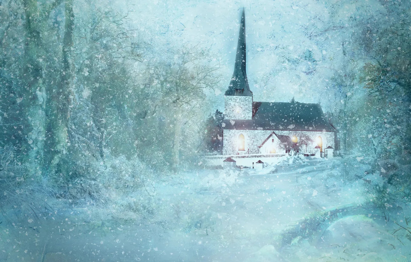 Photo wallpaper winter, snow, trees, rendering, Church, house, chapel, photoart
