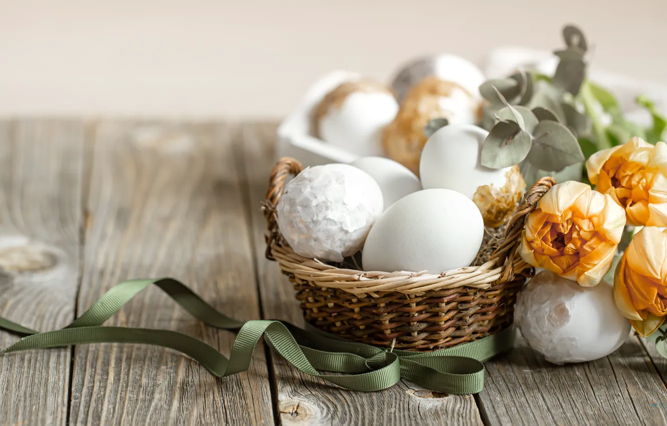 Photo wallpaper leaves, flowers, yellow, holiday, Board, eggs, bouquet, spring
