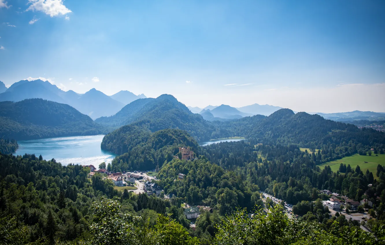 Photo wallpaper forest, the sky, mountains, fog, castle, hills, view, dal