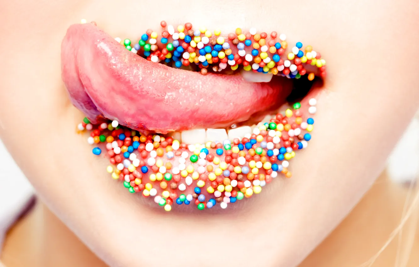 Photo wallpaper language, girl, taste, lips, sweets, colorful, pills