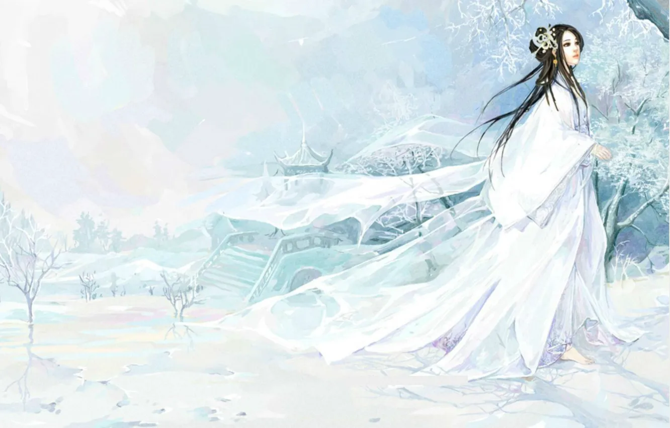 Photo wallpaper frost, snow, ladder, priestess, gazebo, winter landscape, barefoot, transparent fabric