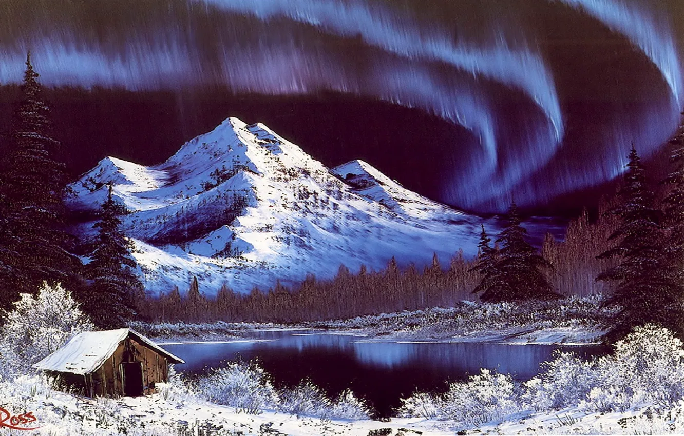 Photo wallpaper ice, winter, forest, water, landscape, mountains, night, picture