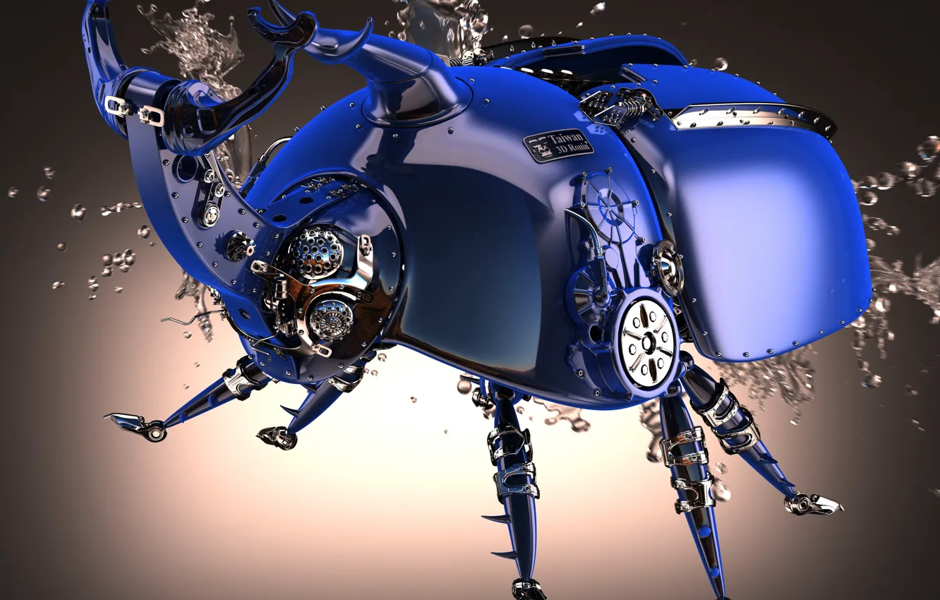 Photo wallpaper drops, blue, metal, color, beetle, 3Ds