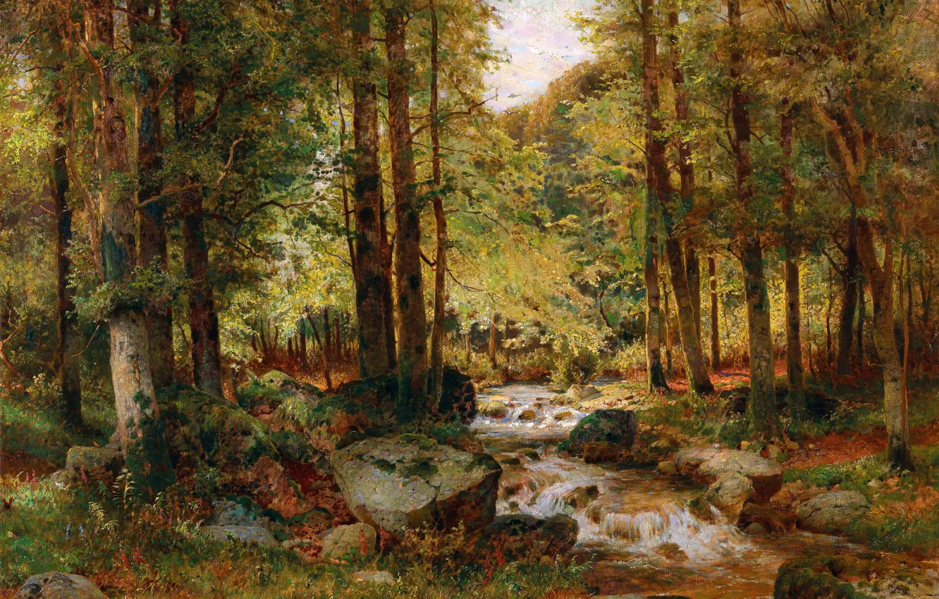 Photo wallpaper trees, Forest, Stream, Picture, Alois Arnegger, Alois Arnegger, Forest in autumn, Austrian painter