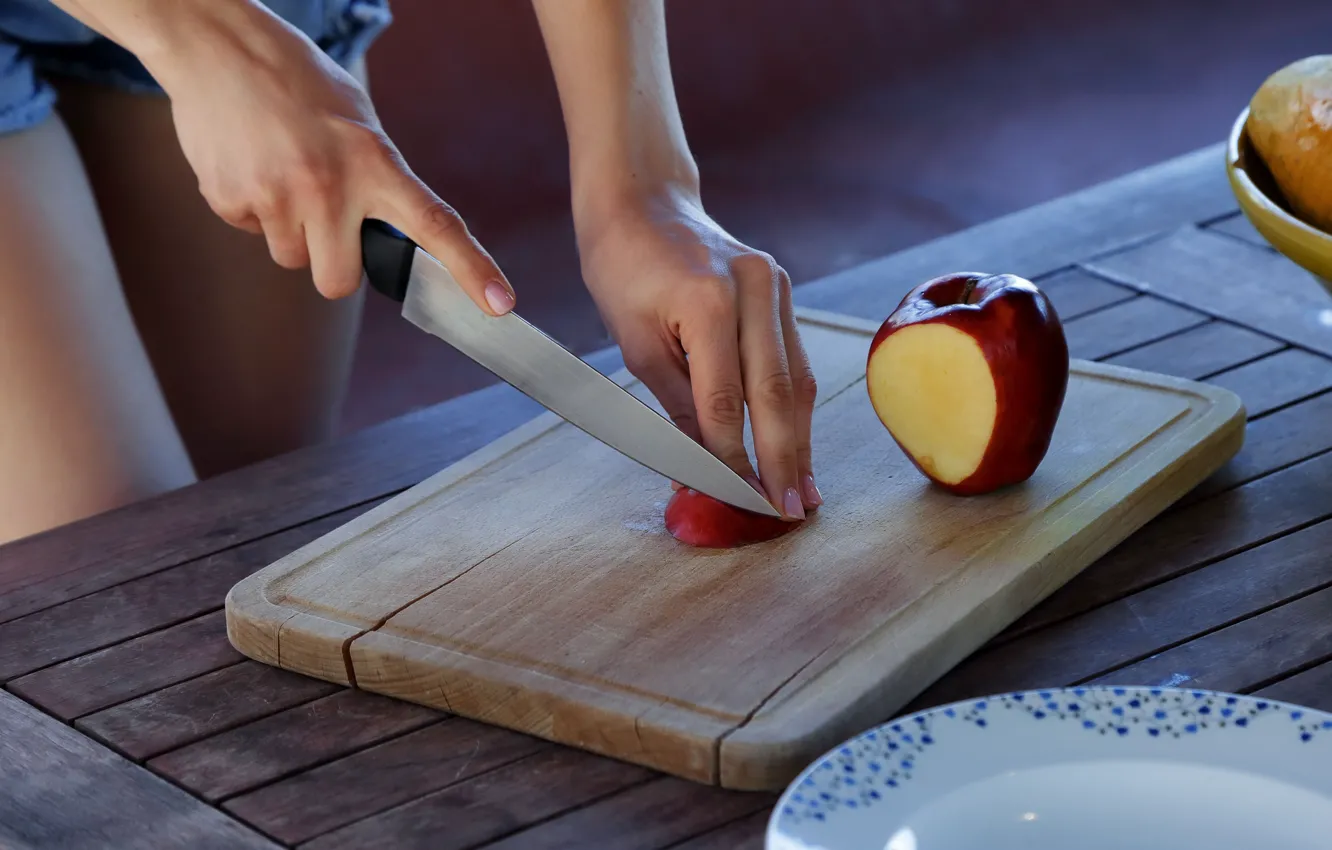 Photo wallpaper Apple, hands, knife, cutting board, wood table, slicing fruit