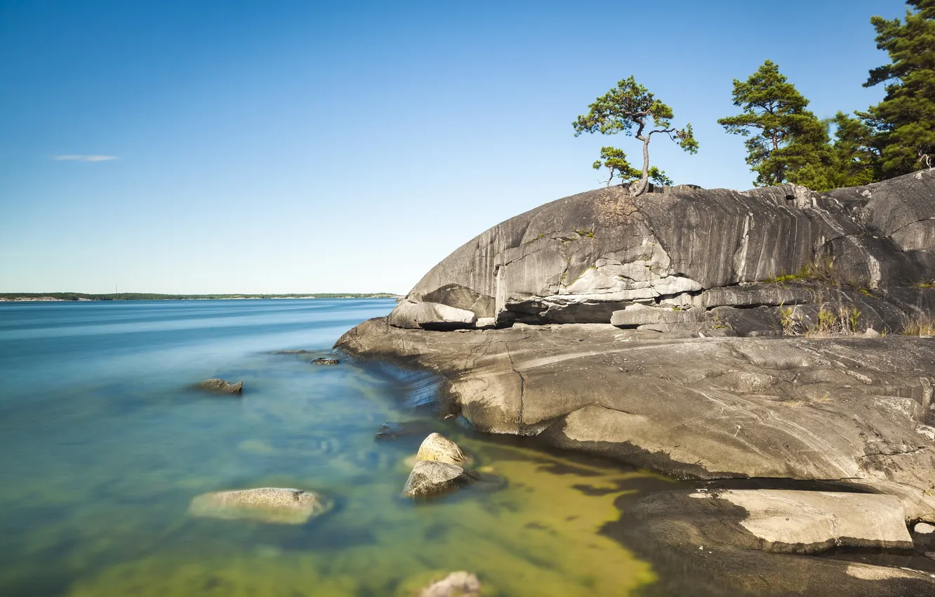 Photo wallpaper the sky, trees, lake, stones, rocks, shore