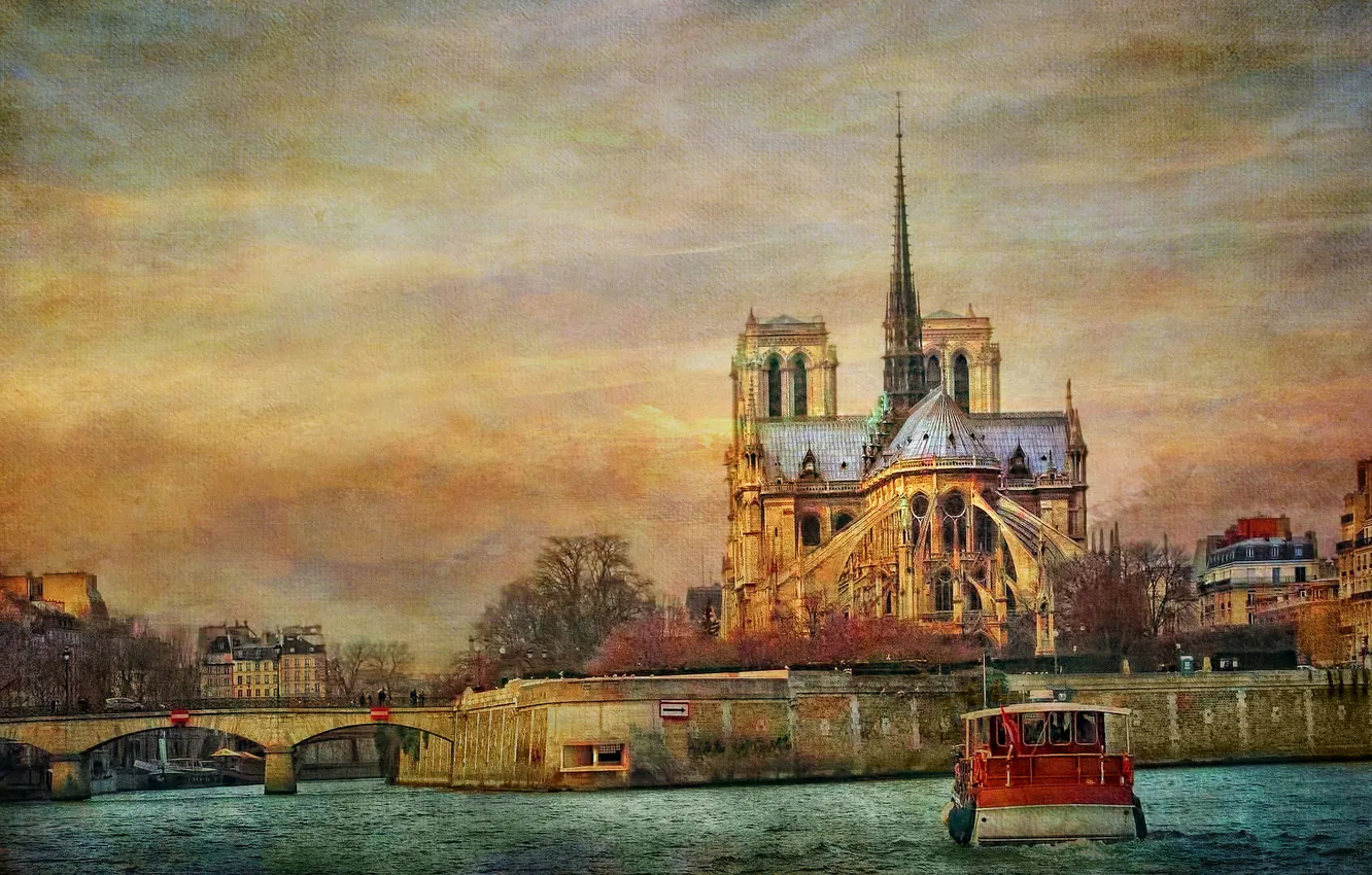 Photo wallpaper river, France, Paris, ship, Hay, canvas, Notre Dame Cathedral