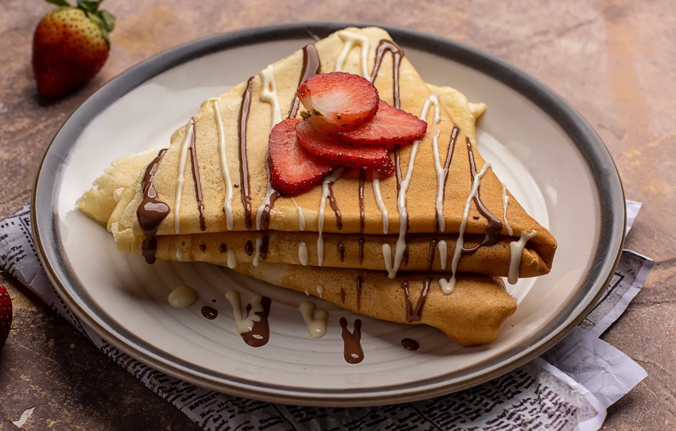 Photo wallpaper chocolate, strawberry, pancakes, cakes