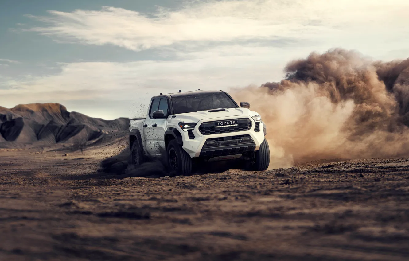 Photo wallpaper car, toyota, dust, pickup truck, toyota tacoma