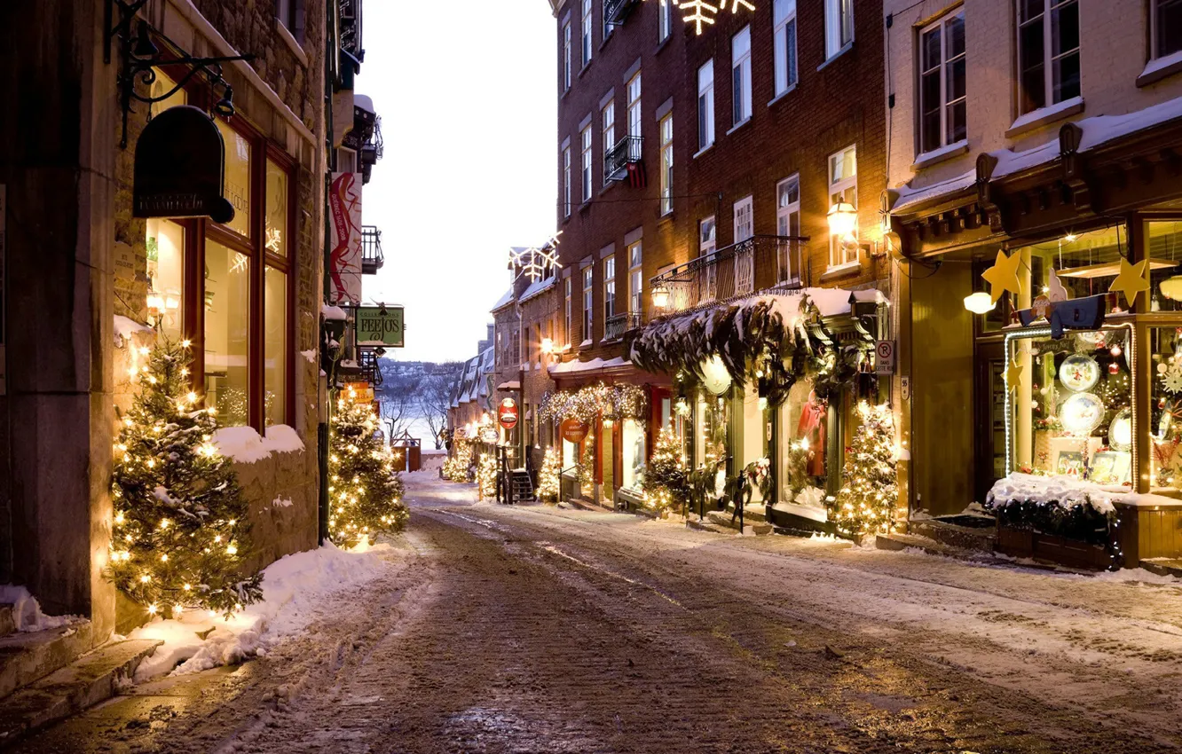 Photo wallpaper lights, City, holidays, Christmas, winter, snow, street, houses
