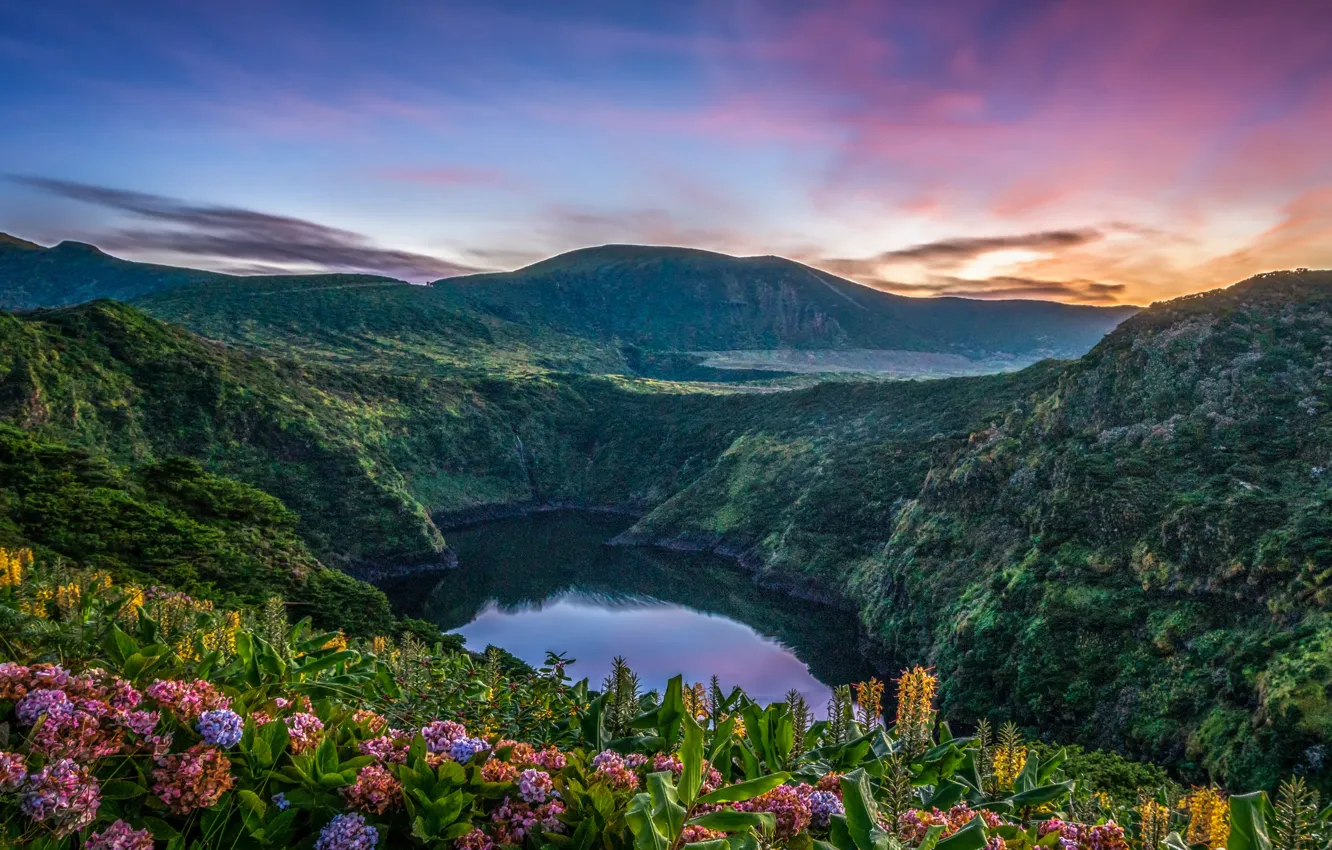 Photo wallpaper sunset, flowers, mountains, lake, Portugal, Portugal, Azores, Azores