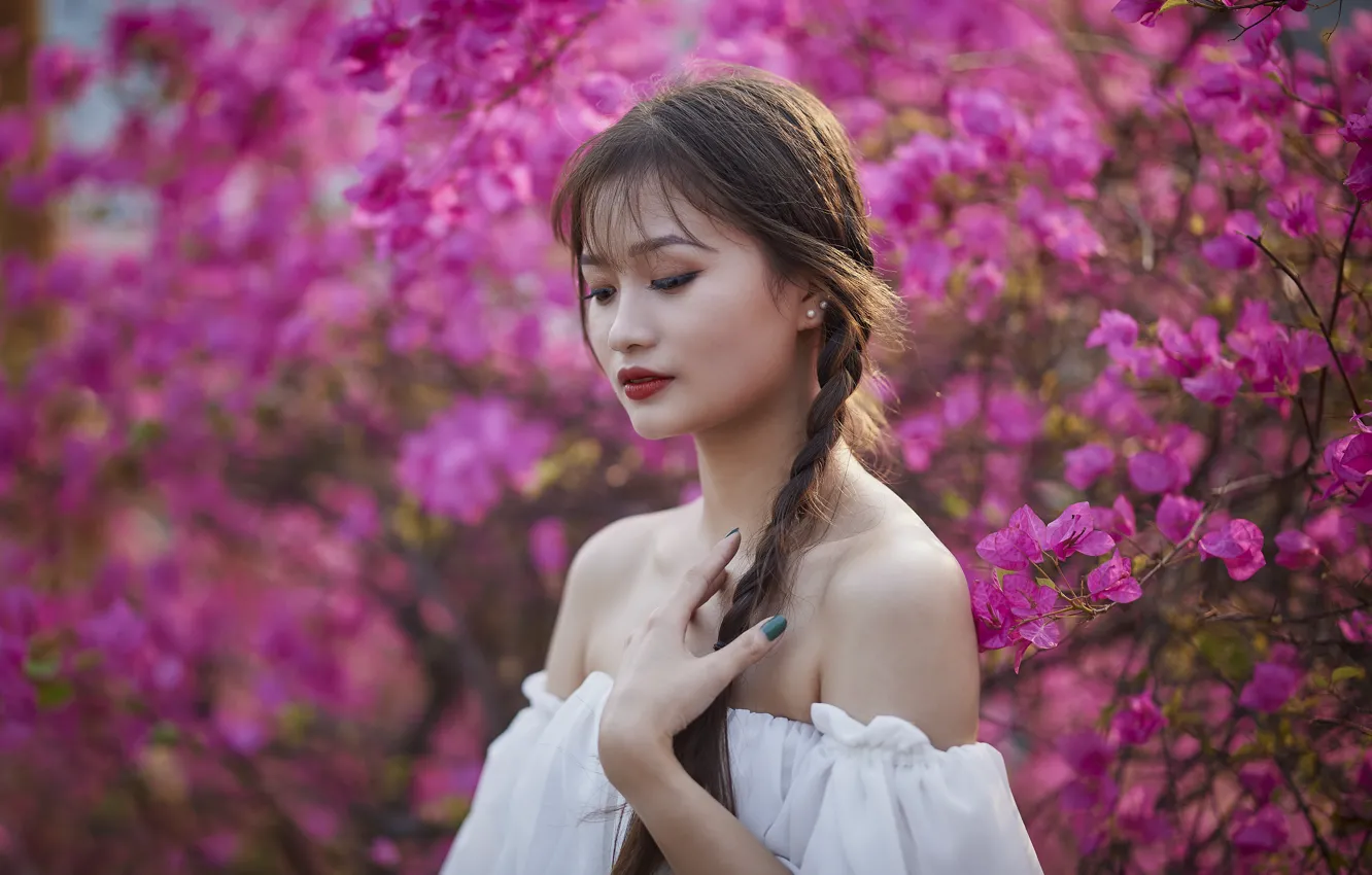 Photo wallpaper girl, flowers, nature, garden, Asian, bougainvillea