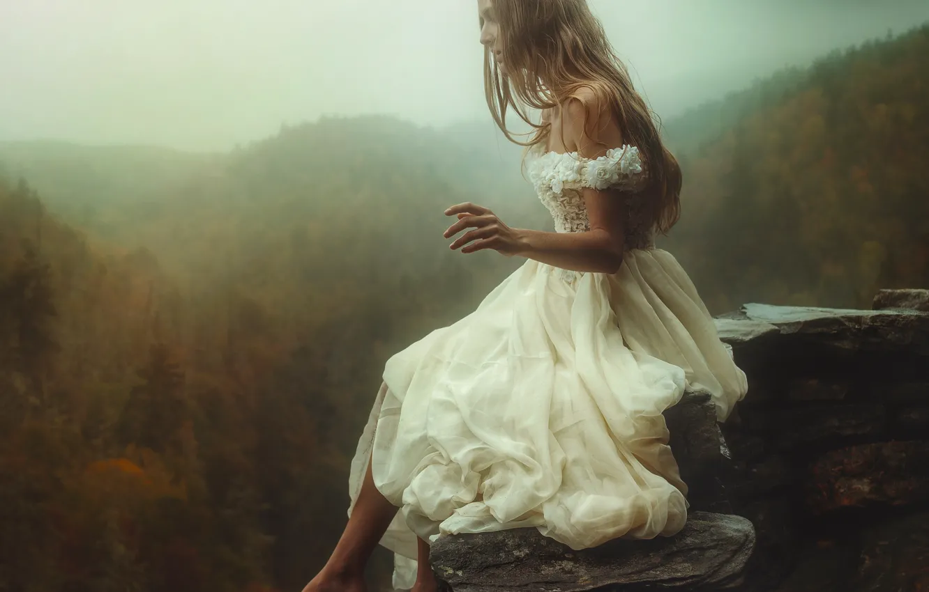 Photo wallpaper mountains, long-haired, sitting, autumn, dress, height, forest, hands