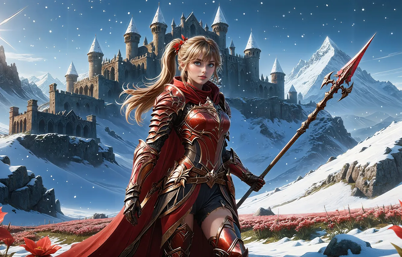 Photo wallpaper winter, look, girl, snow, castle, armor, spear