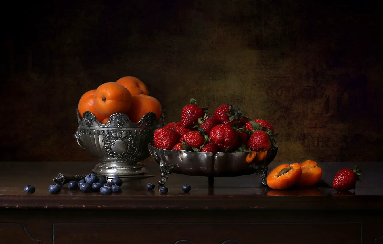 Photo wallpaper berries, background, strawberry, fruit, still life, apricots, blueberries