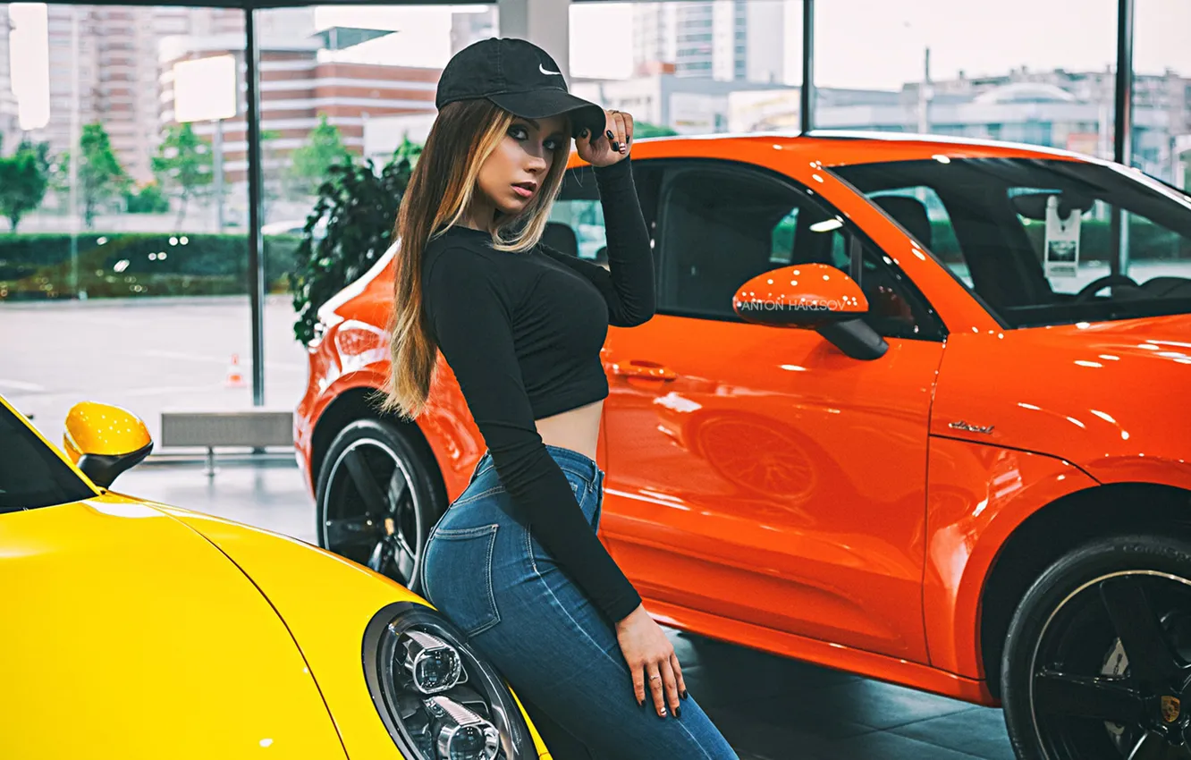 Photo wallpaper car, girl, jeans, look, cute, long-haired, baseball cap