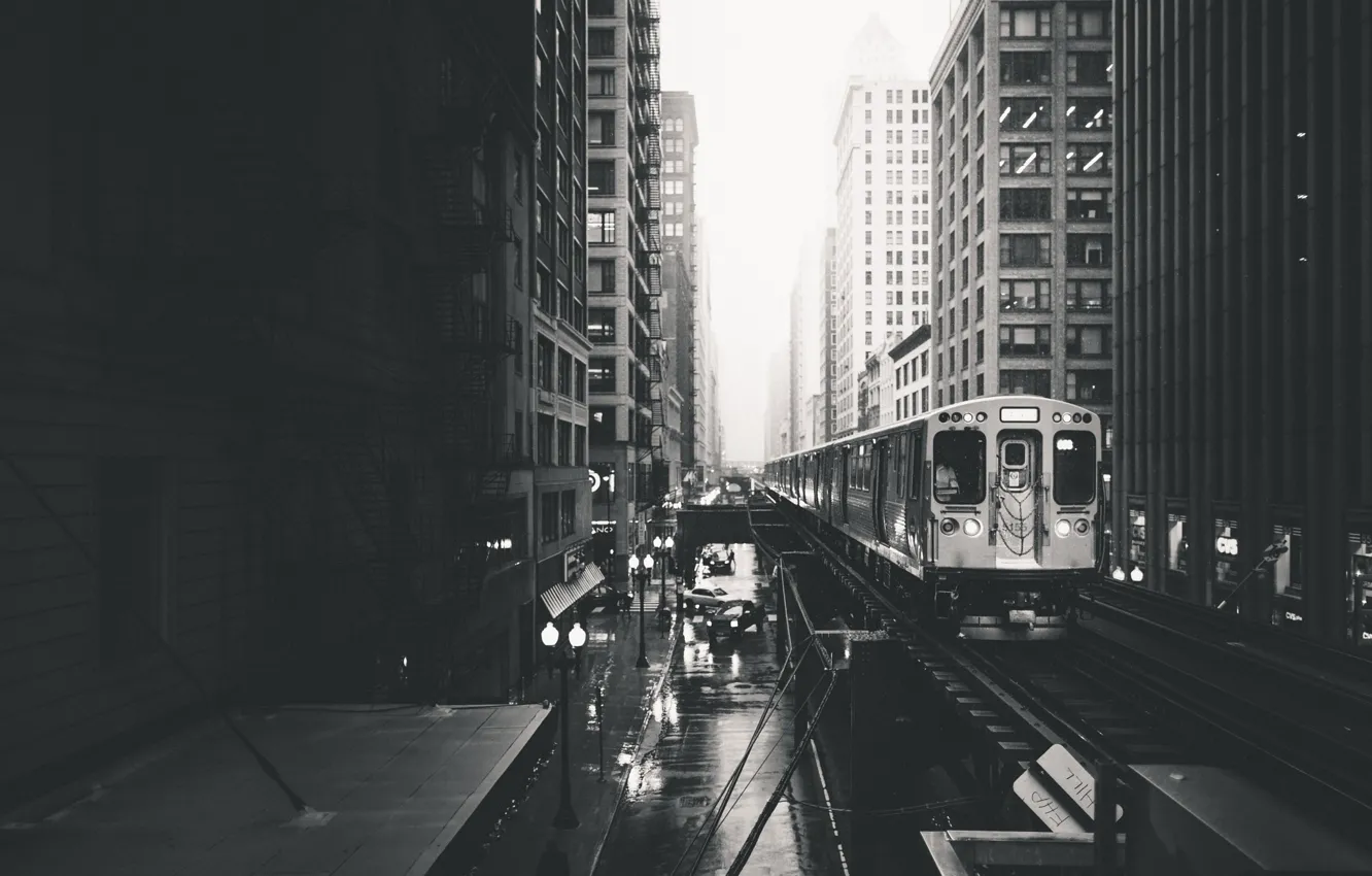 Photo wallpaper the city, train, black and white photo