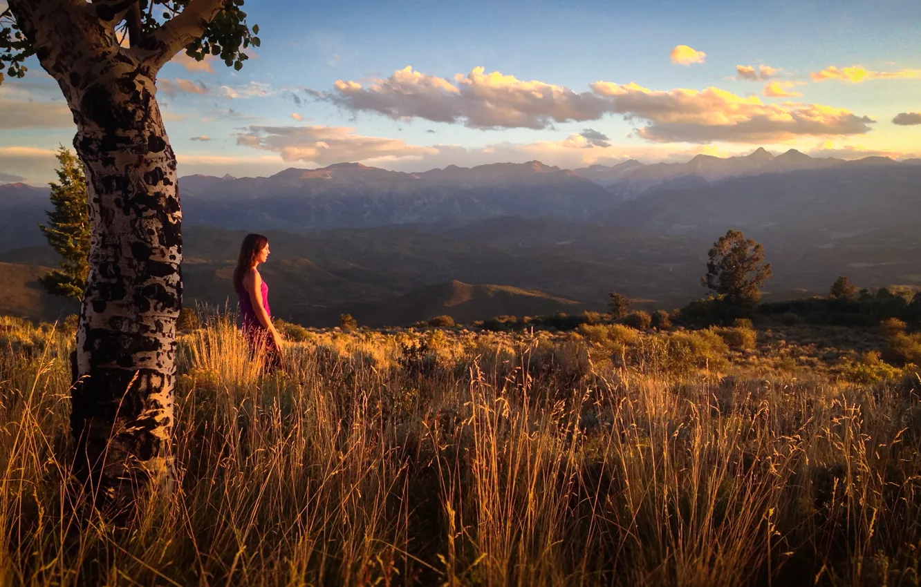 Photo wallpaper girl, mountains, nature, sunset from the top