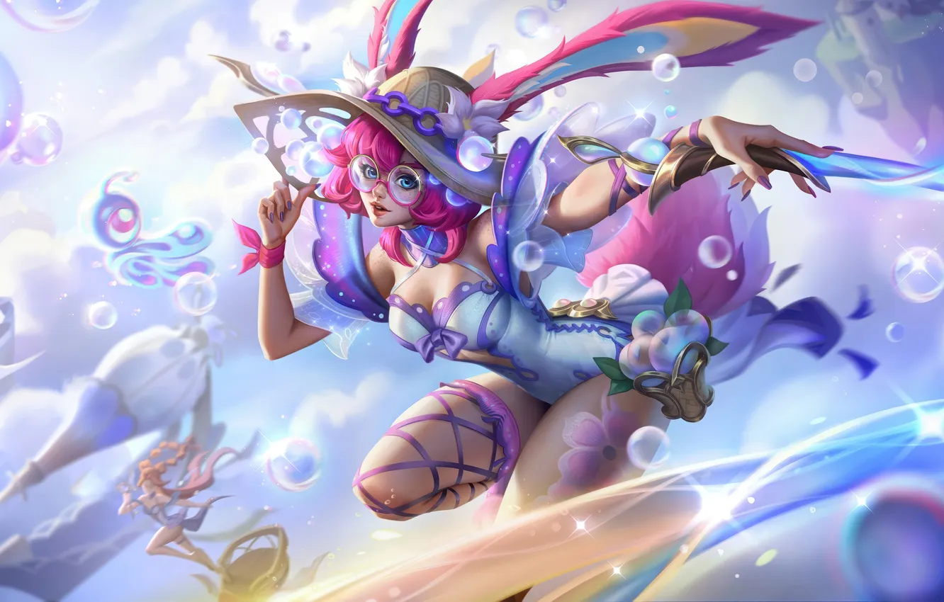 Photo wallpaper glasses, Aurora, hat, game, Aurora, ears, characters, bokeh