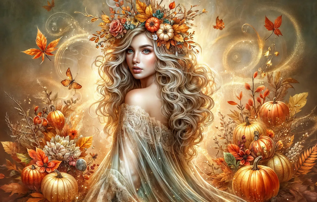 Photo wallpaper autumn, look, girl, light, flowers, nature, lights, bouquet