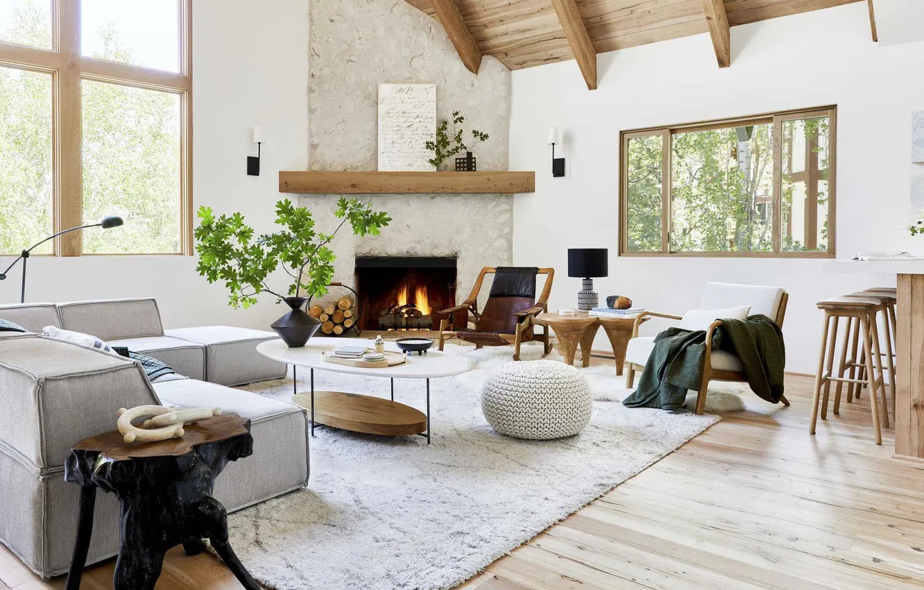 Photo wallpaper fireplace, style, interior, A fresh look at Scandinavian style, cozy, living room, heat, upholstered furniture