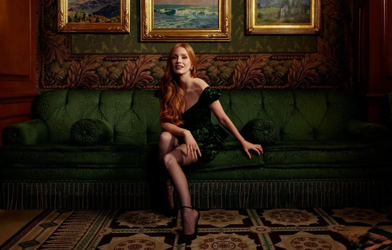 Photo wallpaper smile, sofa, slim, dress, actress, red, cute, Jessica Chastain