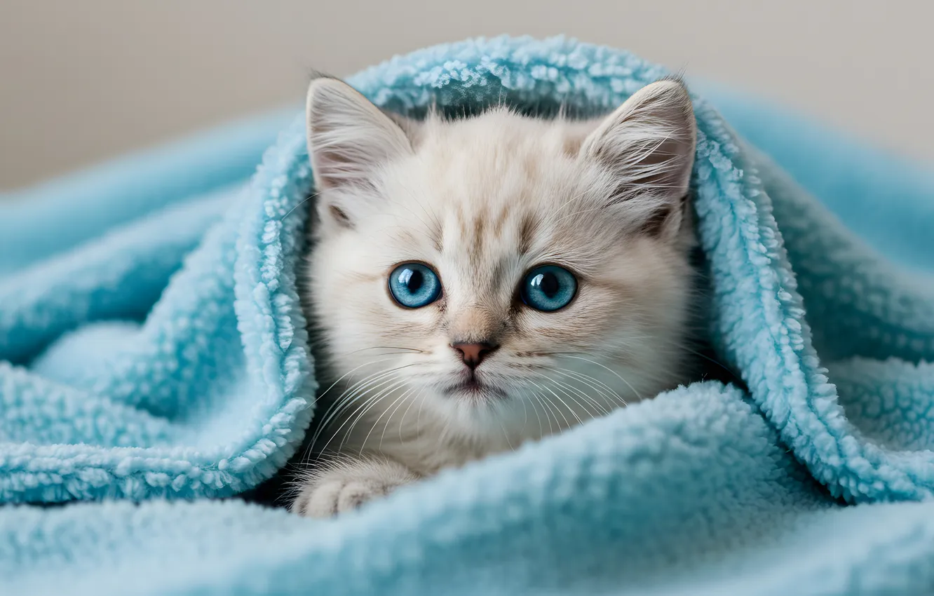 Photo wallpaper cat, look, pose, comfort, portrait, towel, plaid, kitty