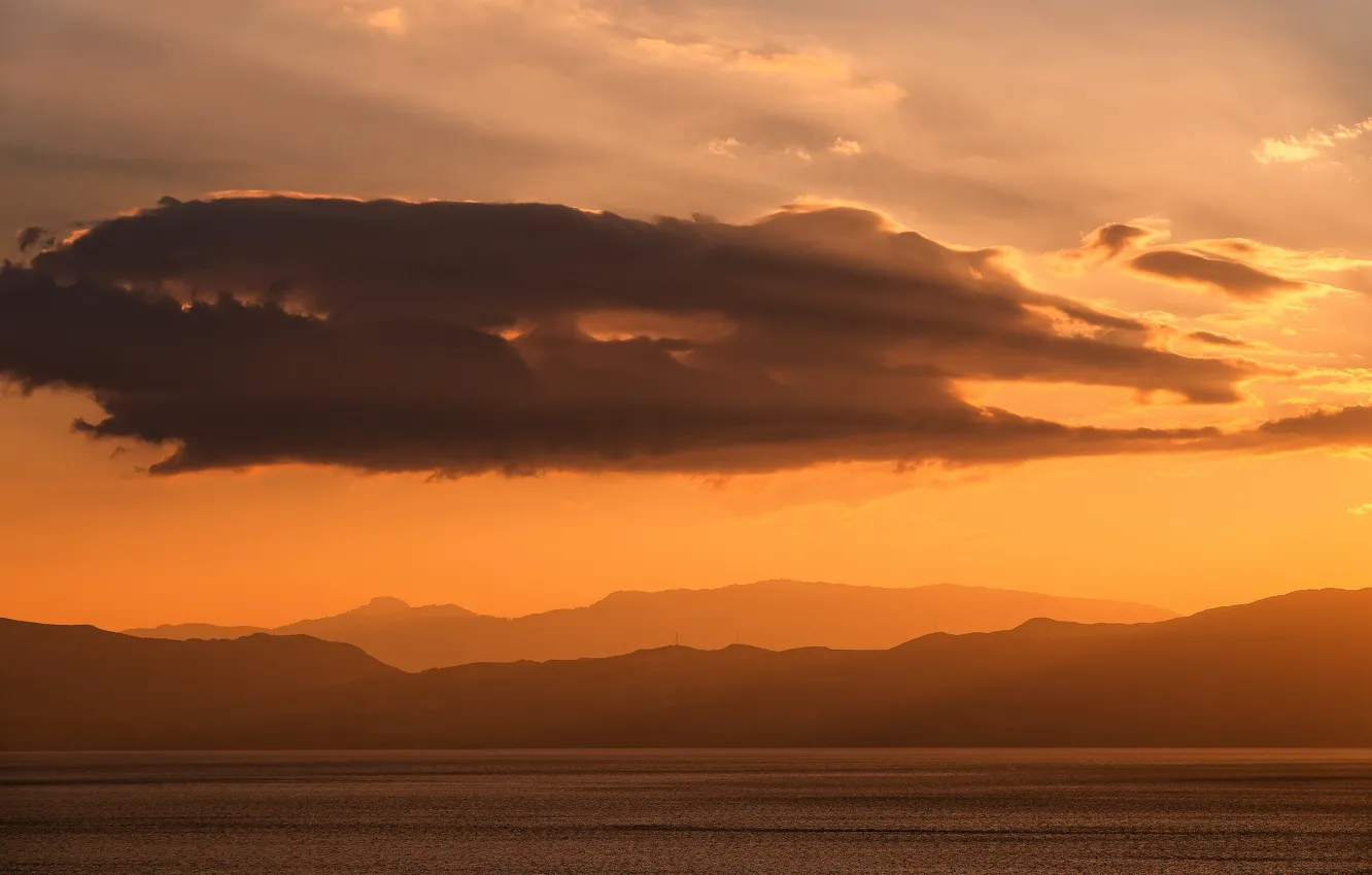 Photo wallpaper twilight, sunset, mountains, clouds, lake, hills, dusk, silhouettes