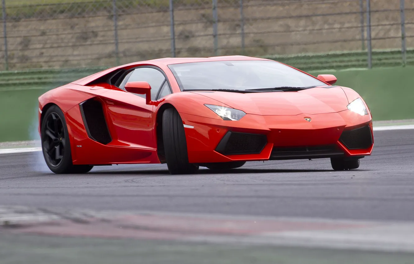 Photo wallpaper red, movement, turn, red, drift, lamborghini, Lamborghini, aventador