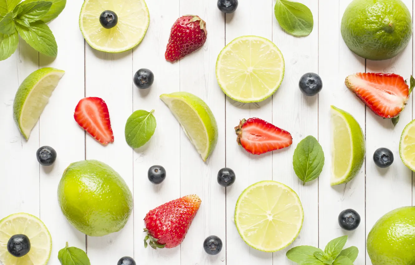 Photo wallpaper berries, blueberries, strawberry, lime, citrus, fruit, slices