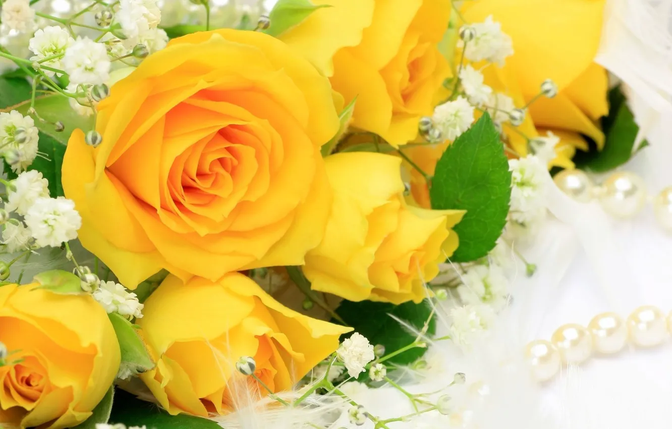 Photo wallpaper flower, flowers, roses, bouquet, yellow, petals, pearl, beads