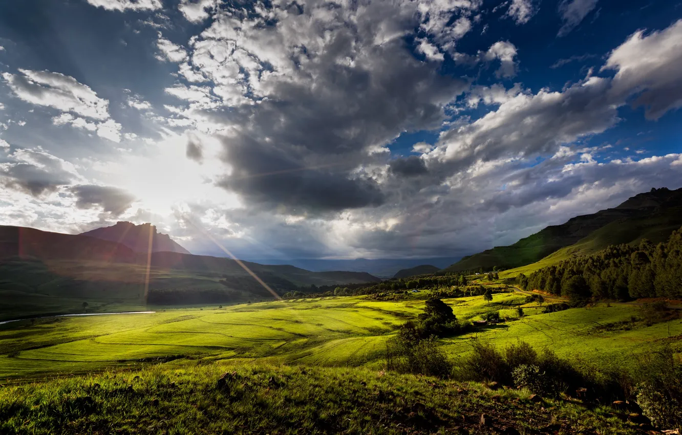 Photo wallpaper the sun, clouds, mountains, valley, the sun's rays, South Africa, province of KwaZulu-Natal, Kwa-Zulu Natal