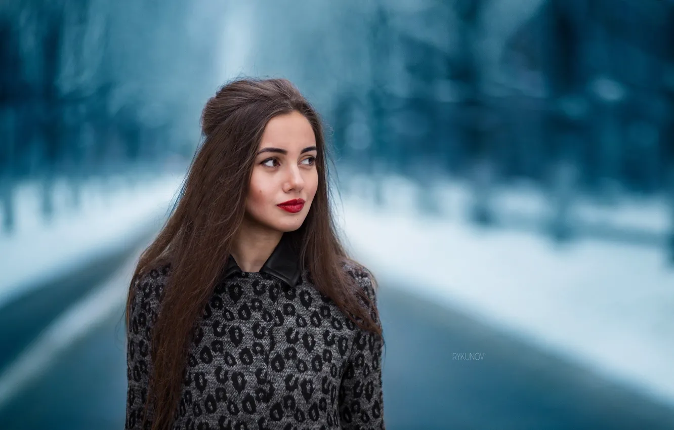 Photo wallpaper winter, road, forest, girl, snow, background, portrait, makeup