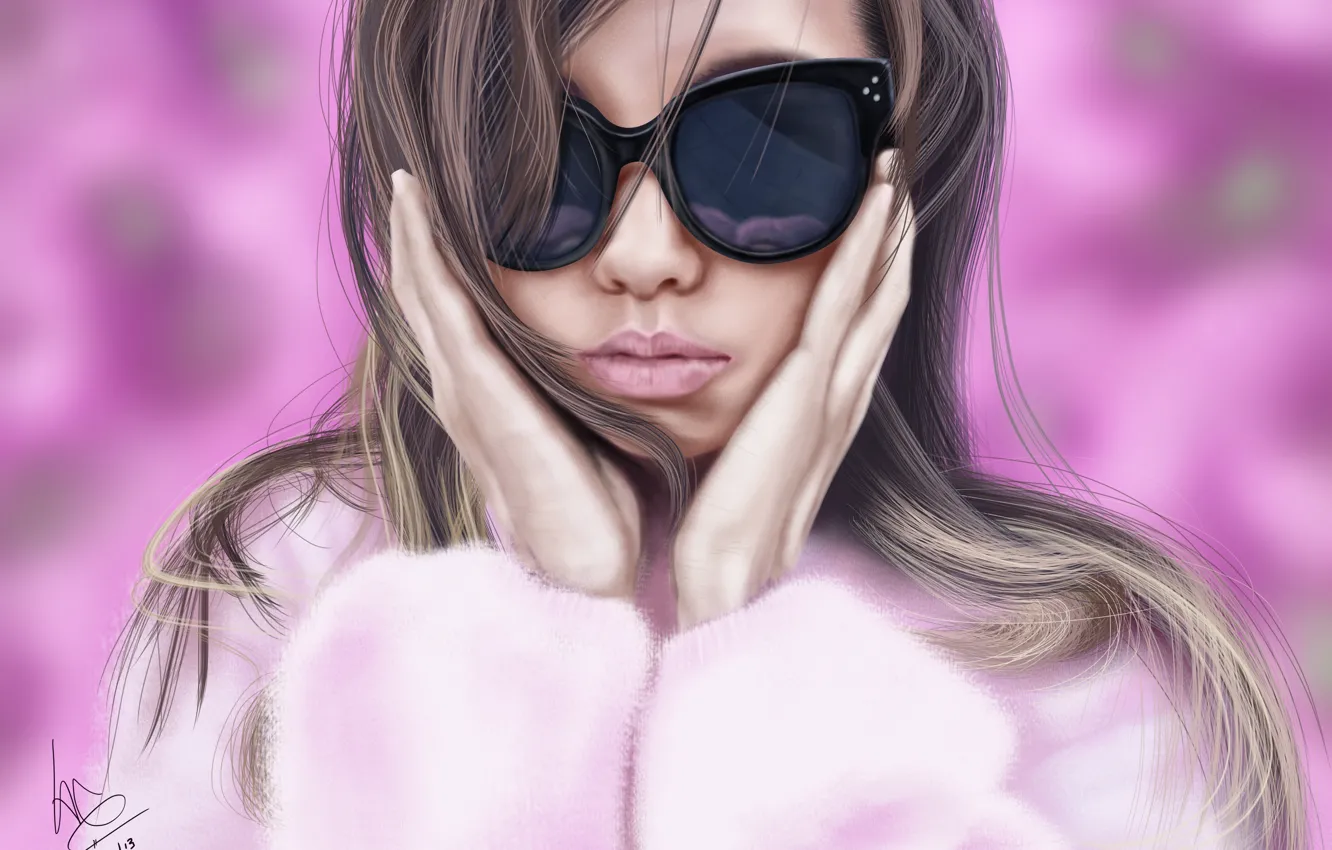 Photo wallpaper girl, glasses, coat, pink background, art, glitchgee